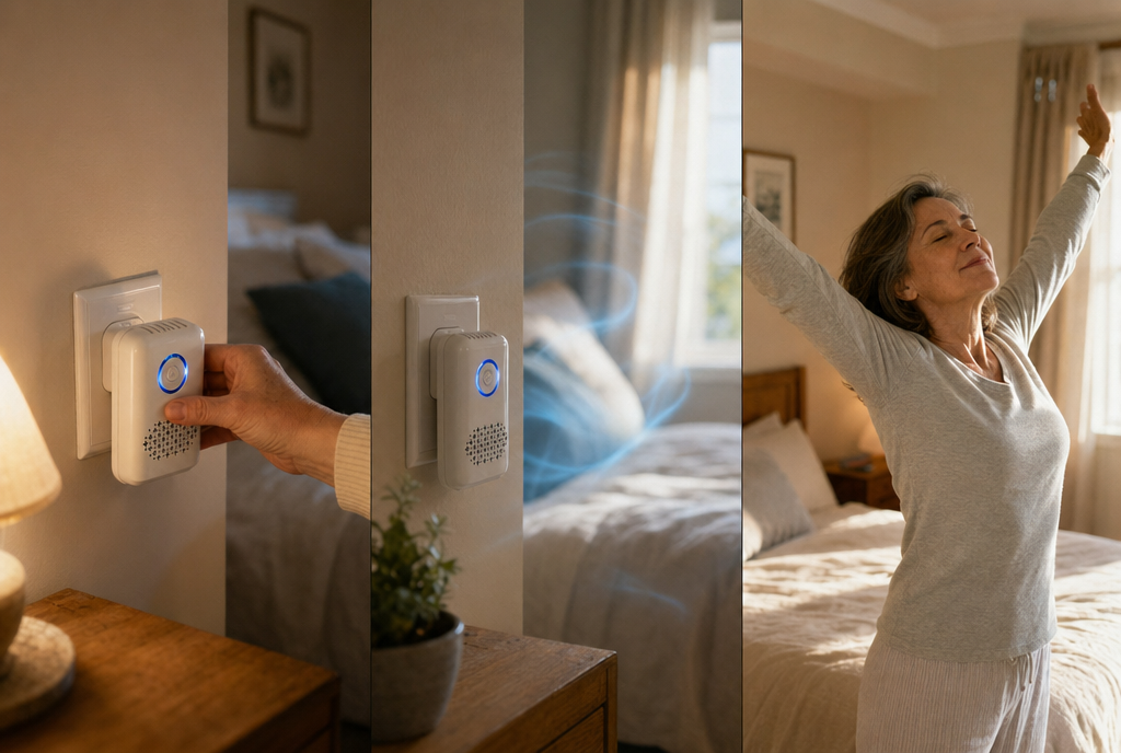 Three-step sequence — plugging Breezr into the bedroom outlet, ion field filling the room, woman waking up rested with arms stretched in morning light