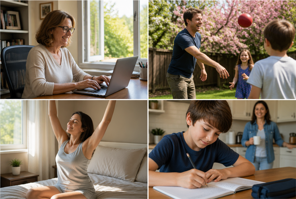 Four people living their lives clear of allergies — woman at laptop, dad playing catch with kids, woman waking up rested, boy doing homework while mom smiles in the kitchen