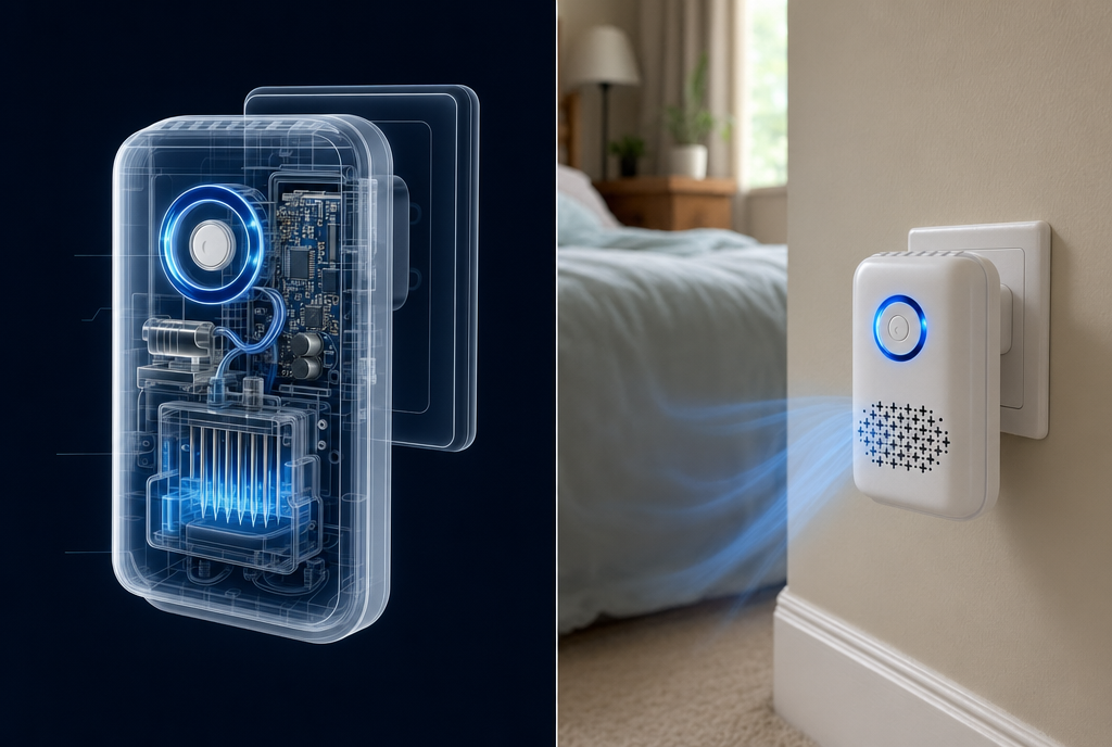 Breezr device — internal mechanism cutaway on the left, plugged into a bedroom wall outlet emitting negative ions on the right