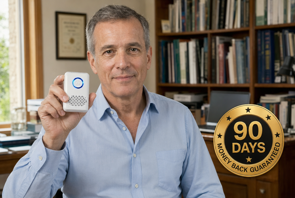 Dr. Bergman holding the Breezr device in his study, next to a 90-day money-back guarantee badge