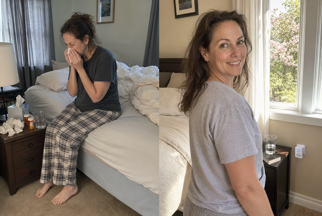 Margaret before and after — congested in bed vs. clear and smiling at the window with Breezr on the nightstand