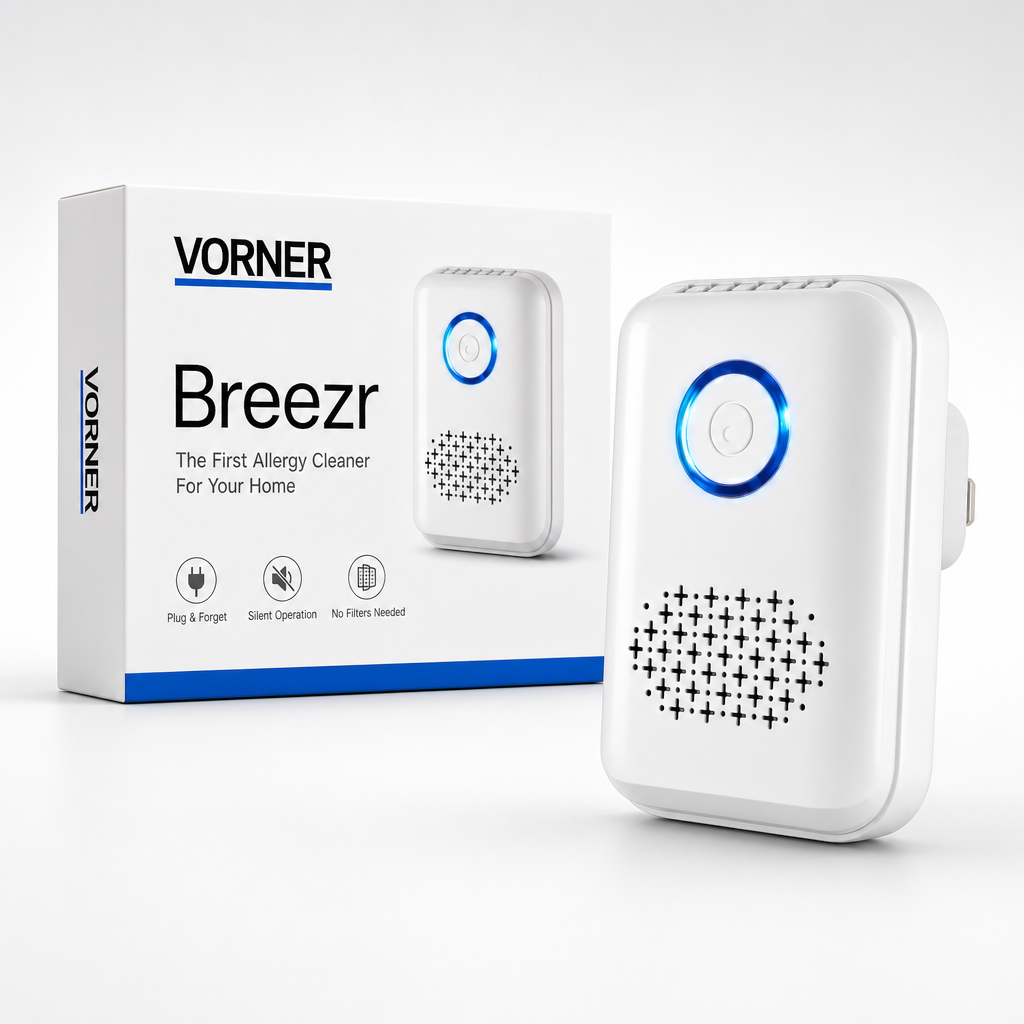 Vorner Breezr packaging next to the device — The First Allergy Cleaner For Your Home