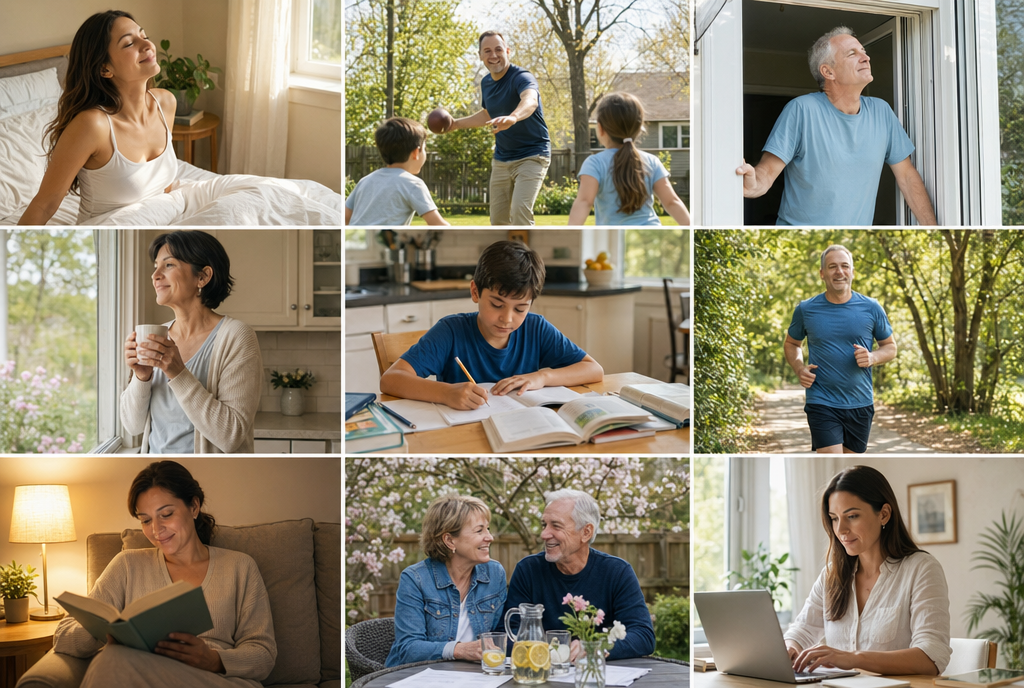 Nine-up grid of people living clear days — waking up rested, playing with kids, opening windows, drinking coffee, doing homework, jogging outside, reading, lemonade in the garden, working at the laptop