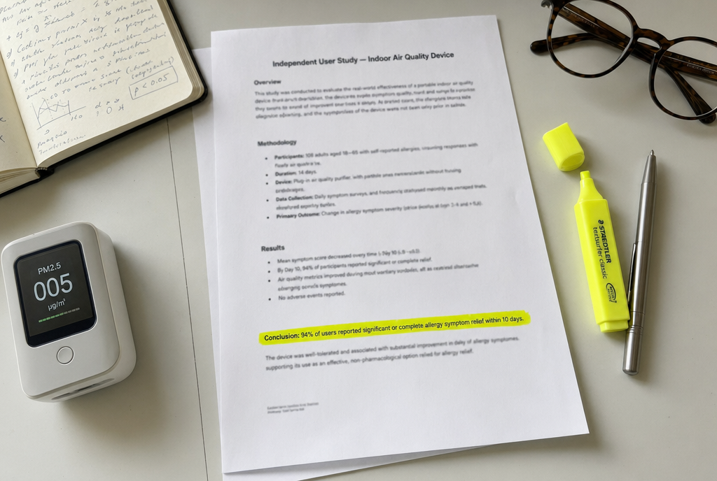 Independent user study report on Breezr — 94% of users reported significant or complete allergy symptom relief within 10 days, highlighted on a desk next to a PM2.5 air quality monitor