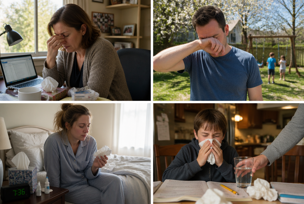 Four allergy sufferers — woman at desk, man rubbing eye outdoors, woman in bed, boy at homework table