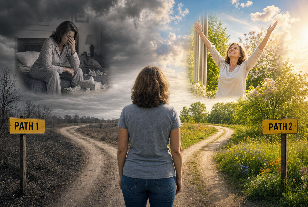 Crossroads — Path 1 leading into a gray landscape with a woman crying on her bed, Path 2 leading into a bright sunlit path with a woman with arms raised in joy